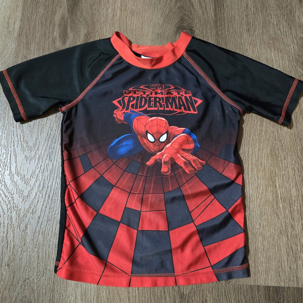 Marvel Spiderman Boys Swim Shirt Rash‎ Guard Top Black and Red Size 6 Small